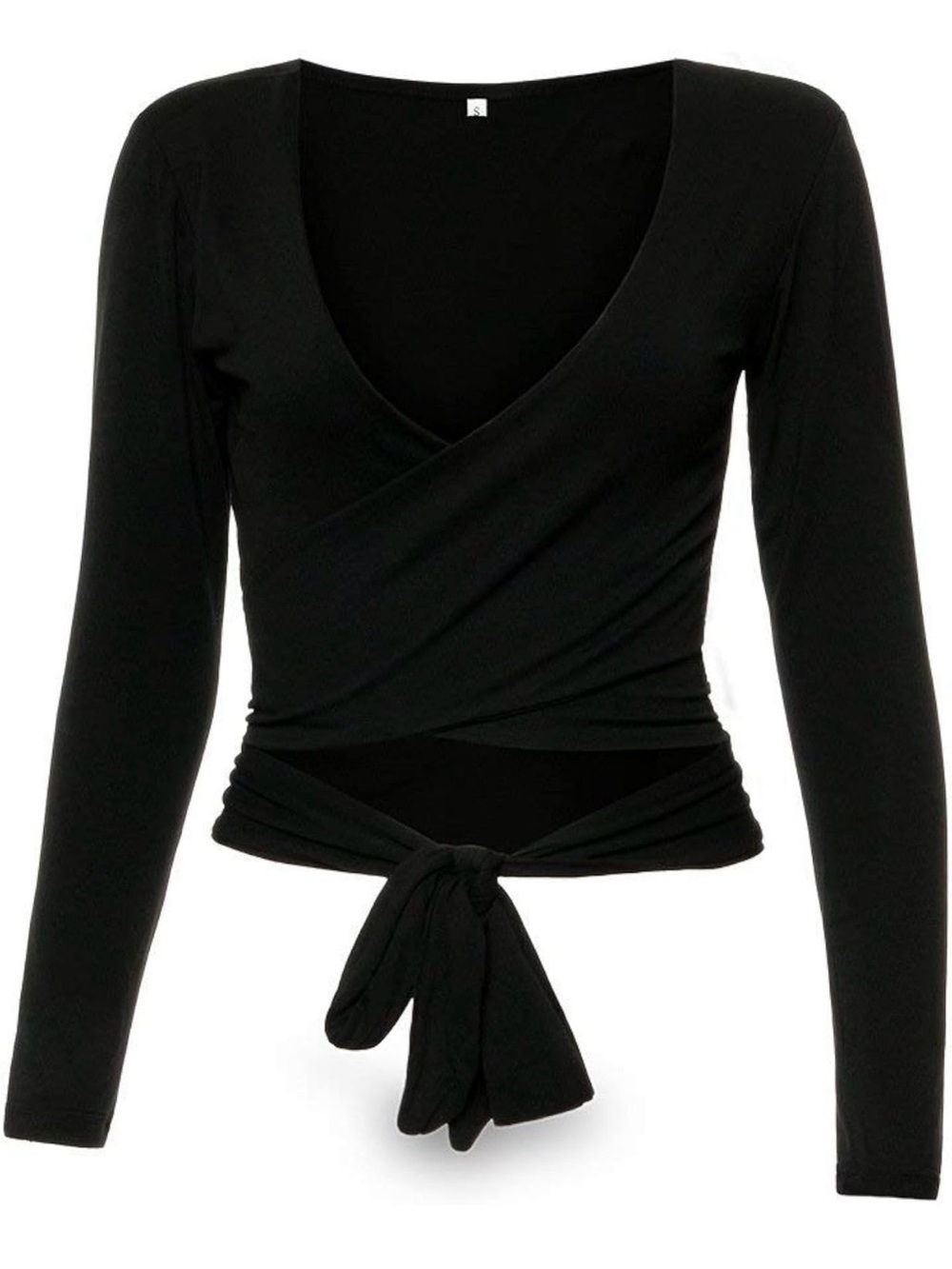 Black Long-Sleeve Wrap Tie-Waist Top